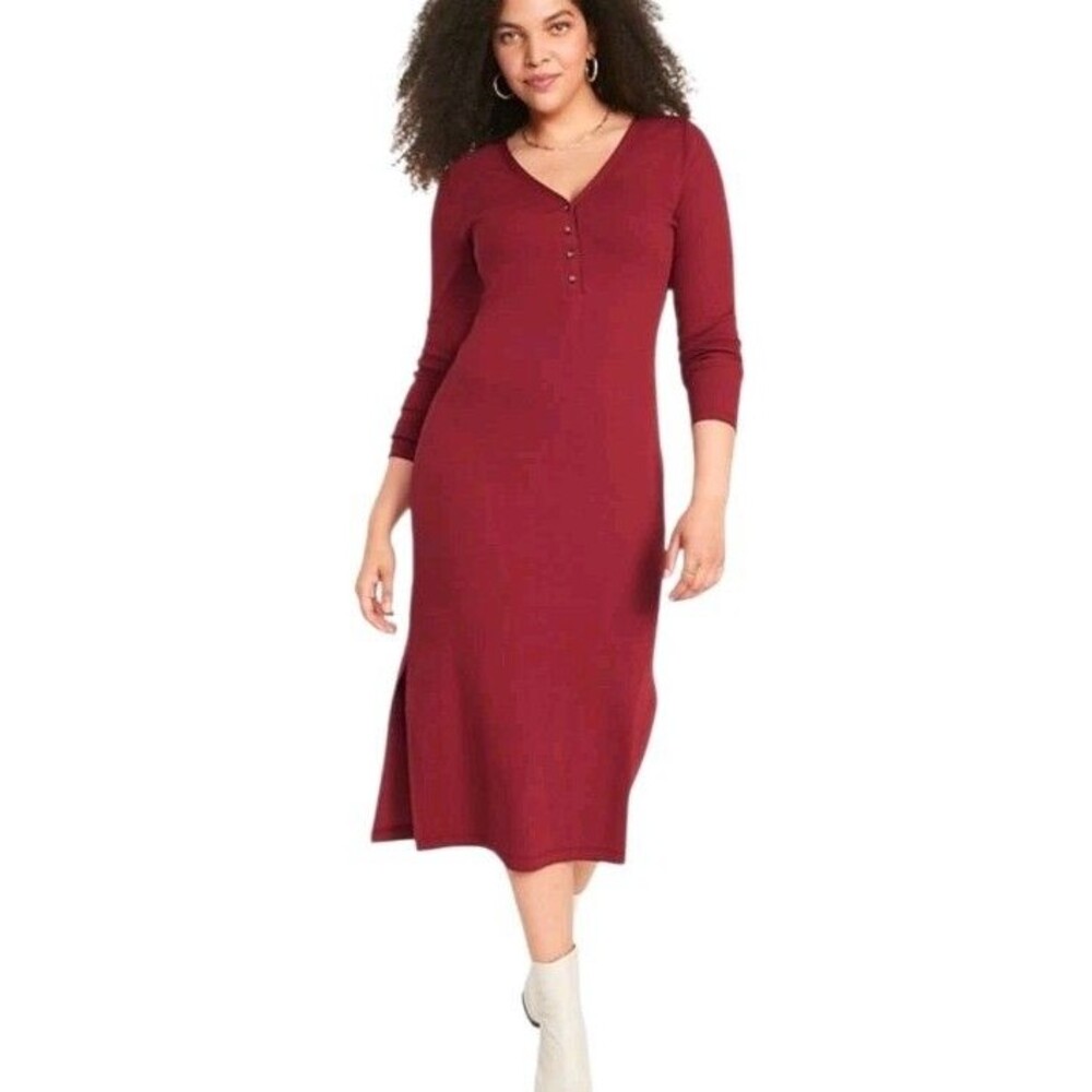 Old Navy Ribbed Knit Henley Midi Dress Womens M Red Y2K Stretch Casual Travel